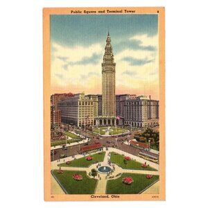 Vintage Public Square Terminal Tower Cleveland Ohio Postcard 1930s Linen USA